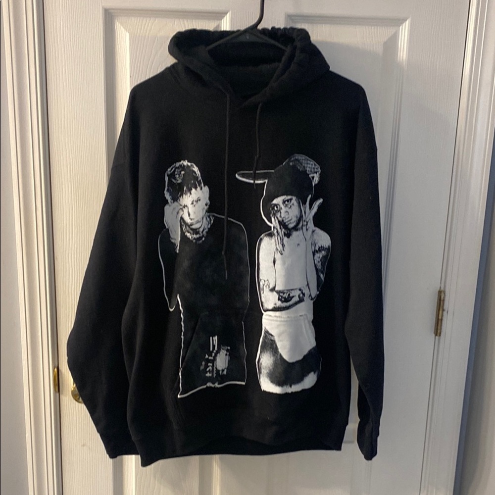 Black Graphic Hoodie with Monochrome Portrait Print
